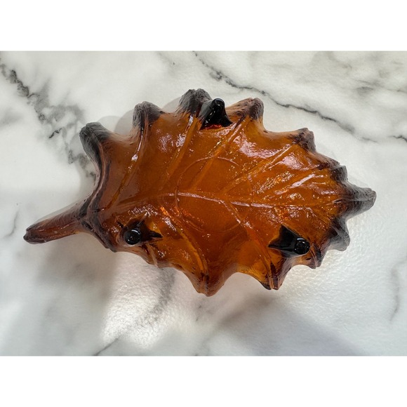 MCM Free Form Leaf Shaped Dark Amber Art Glass Candy Dish Bowl Handblown Glass‎ - Picture 2 of 4